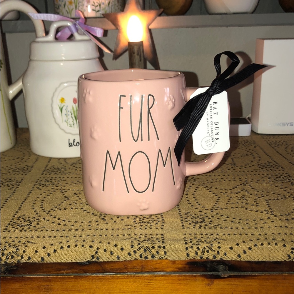 Rae Dunn FUR MOM Ceramic Mug Dusty Pink with Raised Paws